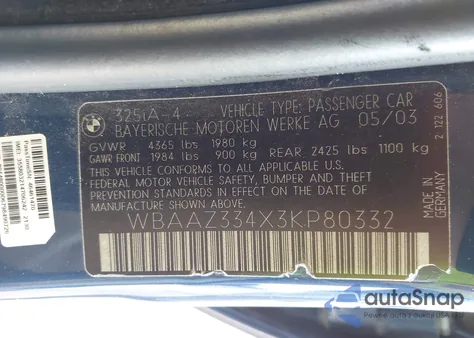 2003 BMW 325I z USA, uszkodzony, nr VIN WBAAZ334X3KP80332